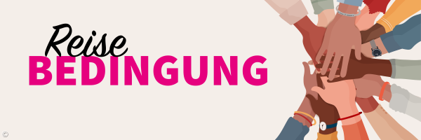 zusammenhaltende Hände mit der Überschrift "Reisebedingungen"